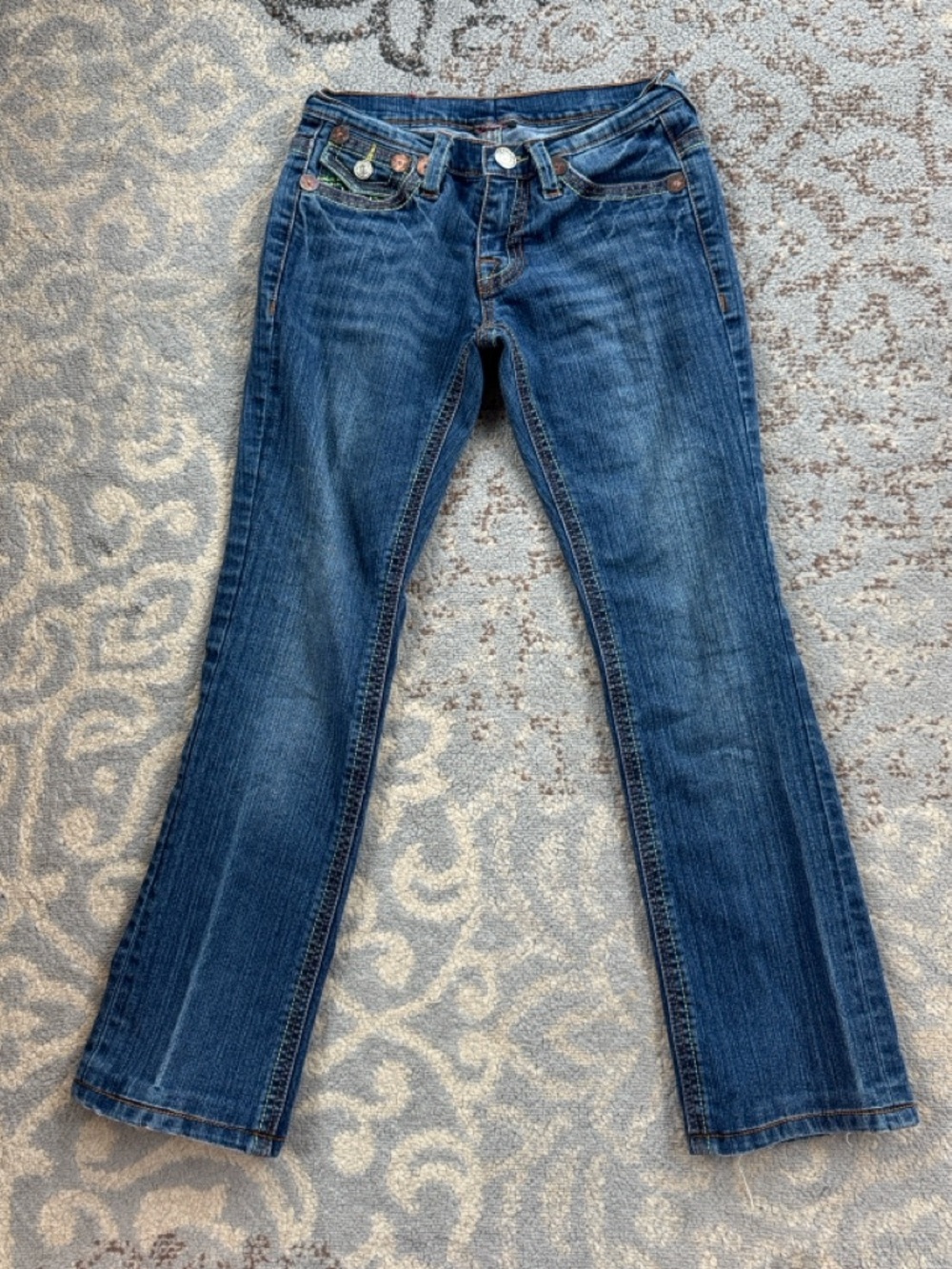Y2K True Religion Joey Bootcut Flare Jeans Green Stitch Flap Pocket Low Rise 28